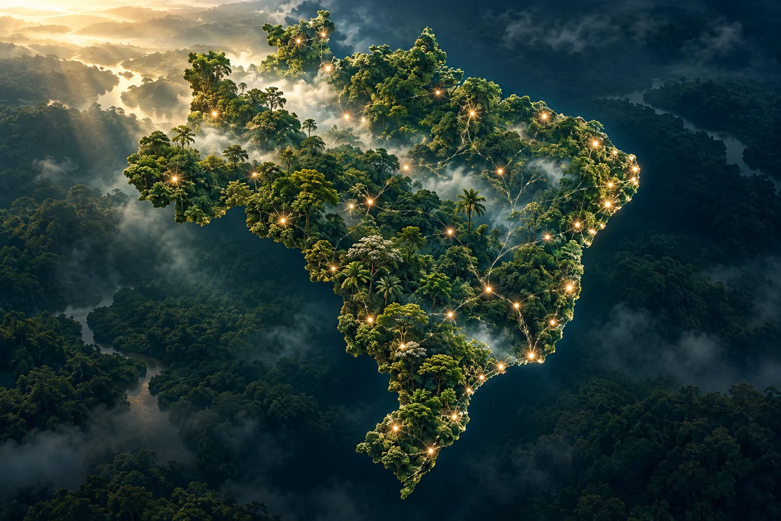 Arte editorial da silhueta do Brasil formada por floresta, com pontos de luz simbolizando conexões entre colaboradores.