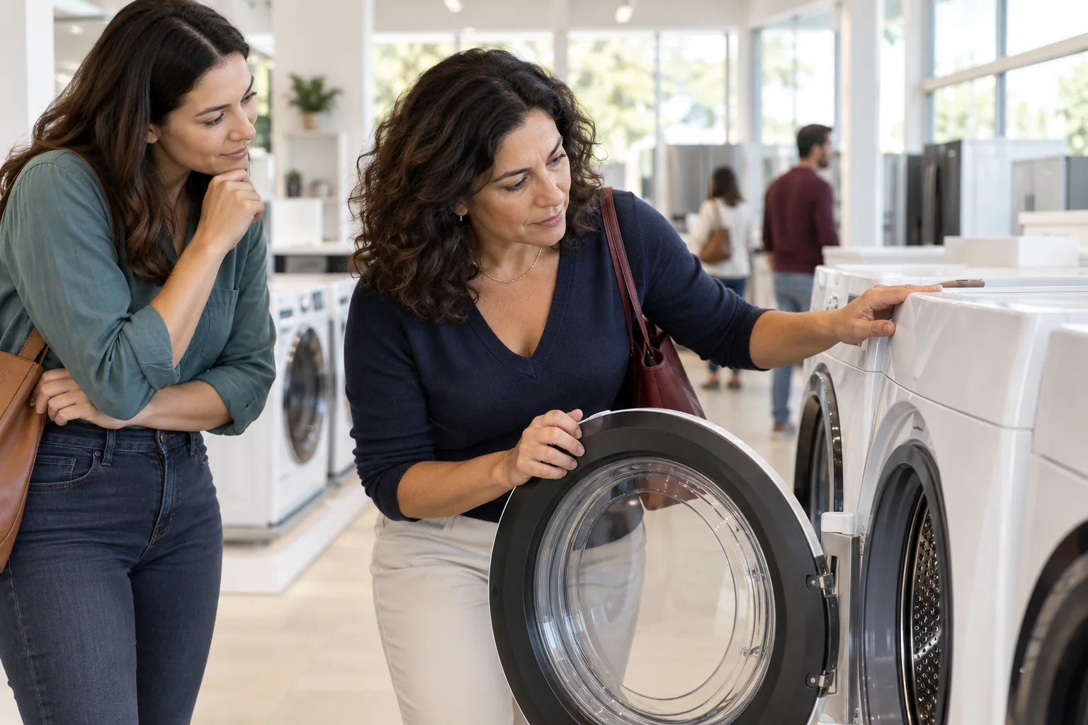 Cena editorial de consumidoras examinando a abertura e o uso de uma máquina de lavar em uma loja de eletrodomésticos.